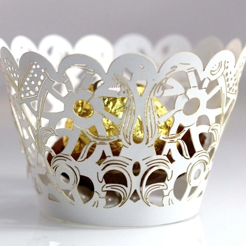 Laser Cut Hollow Out Cupcake Wrappers Pearlescent Paper Cake Decor Lace Border For Wedding Party Banquet Celebration Decor