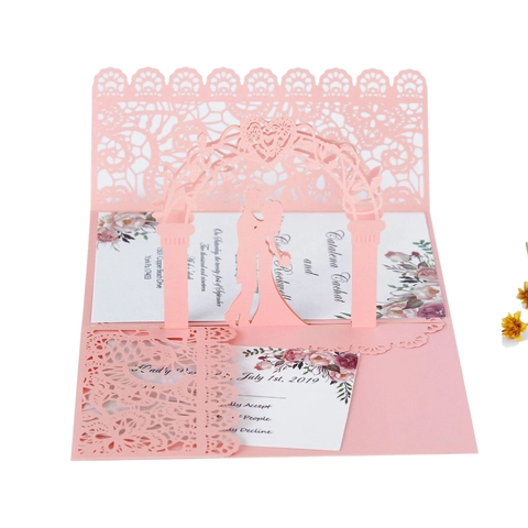 Tarjetas de Invitación de Boda 3D Pop-up Estilo Europeo Corte Láser Diseño de Encaje Hueco Para Celebración de Matrimonio