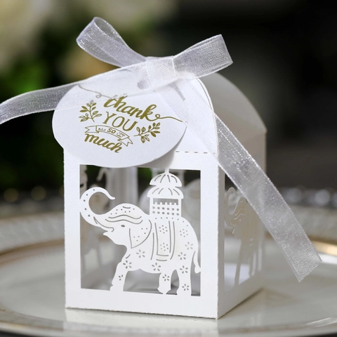 Eleganter Elefant Laserschnitt Geschenkbox Perlpapier Süßigkeiten Box Mit Schleife Für Hochzeit Geburtstag Party Babyparty