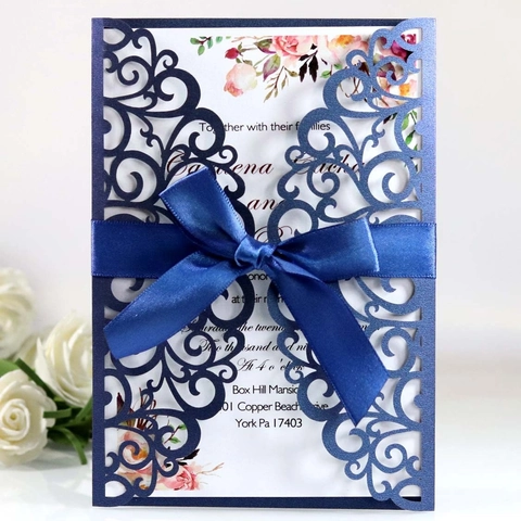 Eleganti Biglietti d'Invito per Matrimonio Taglio Laser Con Fiocco di Nastro Carta Perlata Floreale Biglietti d'Auguri per Festa di Fidanzamento Buste Incluse