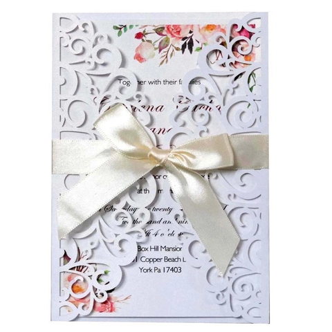 Eleganti Biglietti d'Invito per Matrimonio Taglio Laser Con Fiocco di Nastro Carta Perlata Floreale Biglietti d'Auguri per Festa di Fidanzamento Buste Incluse