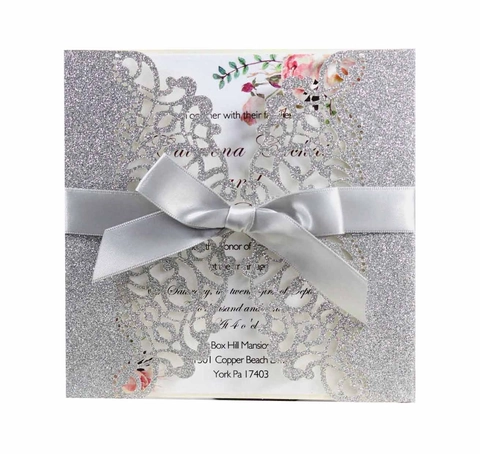Laser Cut Wedding Invitations Glitter Pearlescent Paper Floral Hollow Design With Ribbon Bow And Envelope For Marriage Party