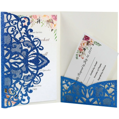 Eleganti Inviti di Nozze Glitterati Tagliati al Laser Invito in Carta Perlata con Pizzo Floreale con Buste per Anniversario di Fidanzamento Celebrazione