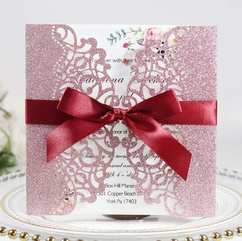 Laser Cut Wedding Invitations Glitter Pearlescent Paper Floral Hollow Design With Ribbon Bow And Envelope For Marriage Party