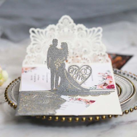 Invitations Mariage Européennes Découpe Laser 3D Cartes Vœux Pailletées Évidées Ensemble Invitation Pop Up Silhouette Couple