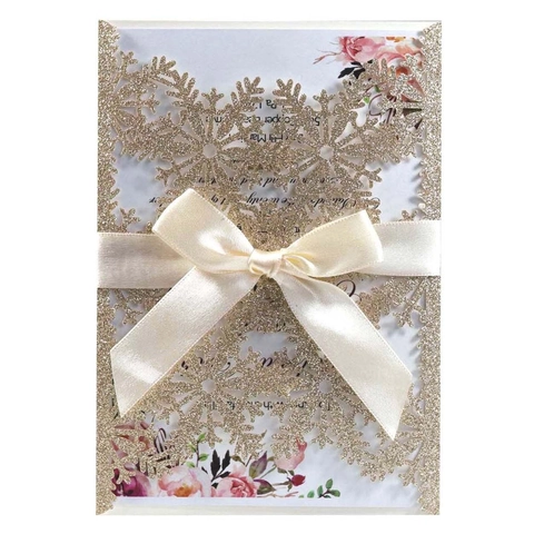 Laser Cut Snowflake Glitter Invitation Cards Elegant Hollow Greeting Cards For Christmas Wedding Party Decoration With Ribbon