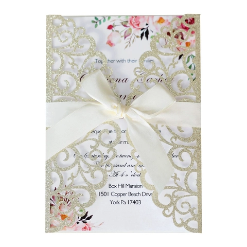 Elegant Laser Cut Wedding Invitation Cards With Glitter Hollow Shell Ribbon Bow Floral Inner Sheet Envelopes For Party