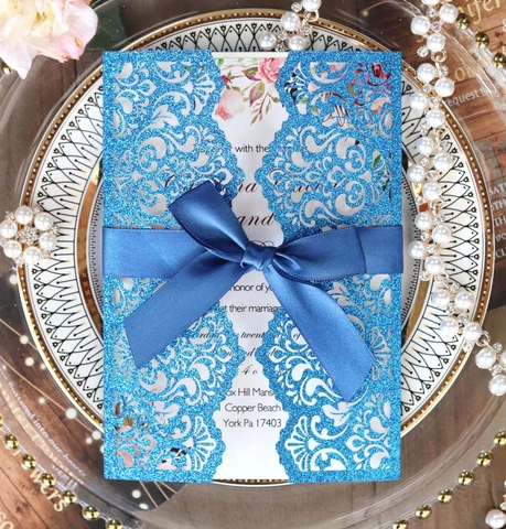 Laser Cut Wedding Invitations Glitter Hollow Greeting Cards With Ribbon Bow For Wedding Engagement Ceremony Party Supplies
