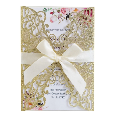 Elegante Biglietto d'Invito per Matrimonio Taglio Laser Con Carta Glitterata Design Cavo Foglio Interno Floreale