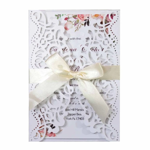 Elegante Europäische Laser Geschnitten Hochzeits Einladungskarten Perlpapier Blumen Hohlschnitt Cover Schleife Hochzeit Party
