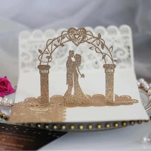 3D Pop Up Wedding Invitations Laser Cut Glitter Pearlescent Paper Hollow Greeting Cards With Envelopes For Marriage Party Anniversary