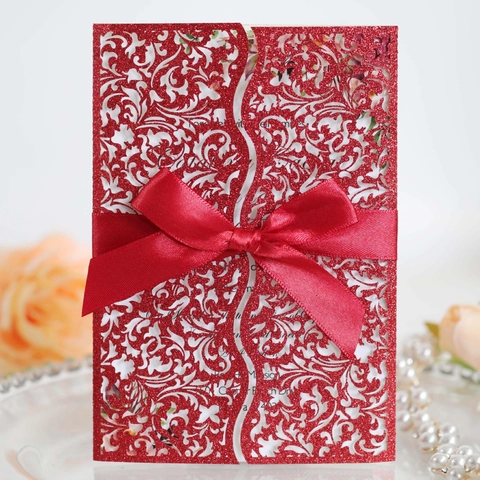 Elegante Lasergeschnittene Glitzer-Hochzeitseinladungskarten Set Mit Satin-Bandschleife Für Brautparty Geburtstag Partybedarf