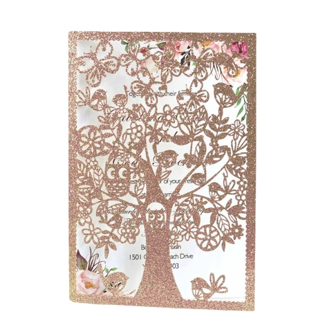Inviti di Matrimonio in Carta Glitterata Tagliati al Laser Albero Uccello Farfalla Cavo Biglietti d'Auguri Buste Pagine Interne