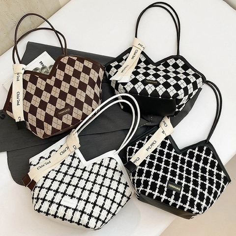 Bolso de Mano Retro de Tweed con Rombos para Mujer Gran Capacidad Apertura en V Bolso de Hombro con Cinta Decorativa Moda