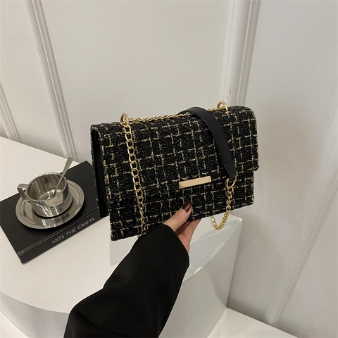 Vintage Tweed Grid Plaid Shoulder Bag For Women Metallic Chain Strap Crossbody Square Purse Elegant Fashion Daily Handbag