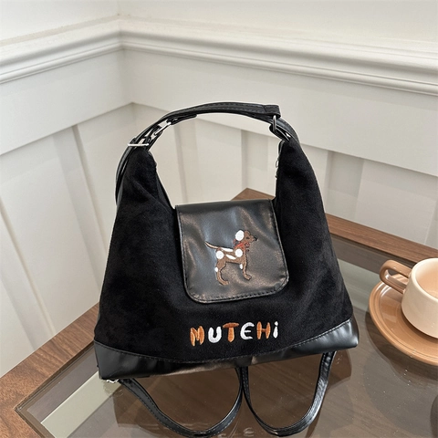 Bolso Tote de Gamuza Retro Patchwork para Mujer Bolso de Hombro de Gran Capacidad Con Bordado de Perro Estilo Universitario Vintage