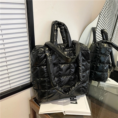 Bolso Tote Acolchado Metálico para Mujer Gran Capacidad de Nailon Bolso de Hombro de Axila Moda Bolso de Mano