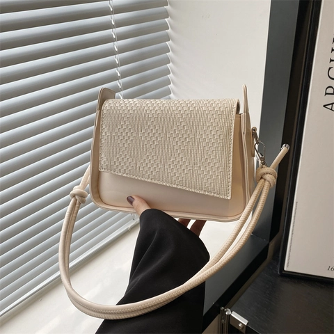 Bolso de Hombro con Solapa Tejida para Mujer Minimalista de Cuero PU Bolso Cuadrado Pequeño Bolso Bandolera con Correa de Nudo Color Sólido
