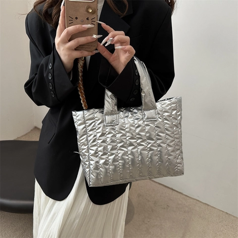Damen Metallic Gesteppte Tote Bag PU Leder Puffer Handtasche Große Kapazität Top Griff Tasche Casual Commute Shopping Bag