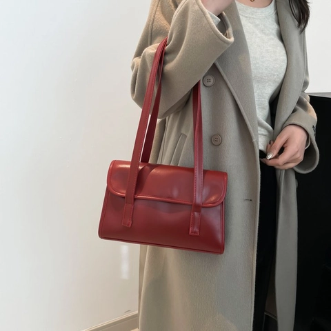 Bolso de Hombro de Cuero PU Retro para Mujer Gran Capacidad Bolso de Axila Moda Casual con Solapa Bolso de Viaje Color Sólido