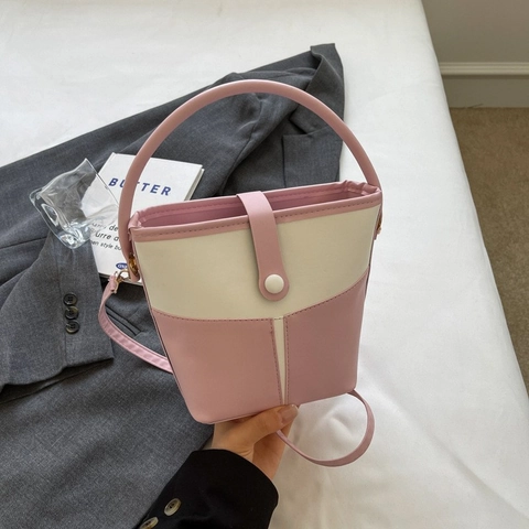 Bolso Cubo de Cuero PU de Moda con Patchwork y Bloques de Color para Mujer Bolso de Mano Simple de Tendencia