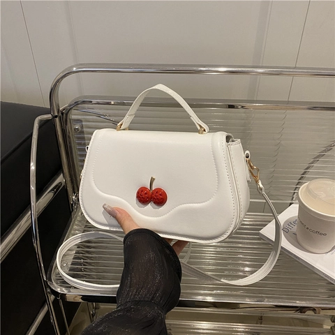 Women Sweet Cherry Decoration PU Leather Small Square Bag Fresh Shoulder Crossbody Bag With Hand Grip Handle And Adjustable Strap