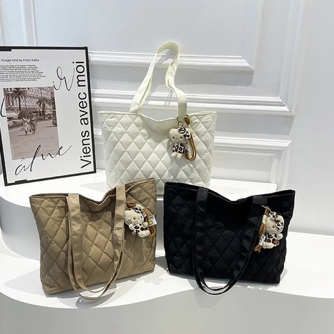 Women Quilted Canvas Tote Bag Large Capacity Lattice Shoulder Bag Casual Street Fashion Solid Color Zipper Commuter Handbag
