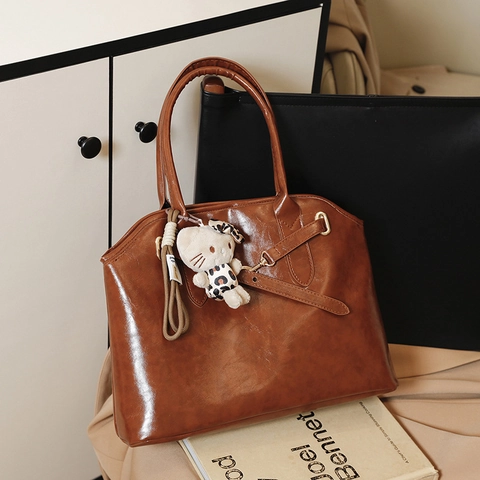 Bolso Tote de Cuero PU Vintage de Gran Capacidad para Mujer Bolso de Hombro Casual Color Sólido Bolso de Mano de Oficina
