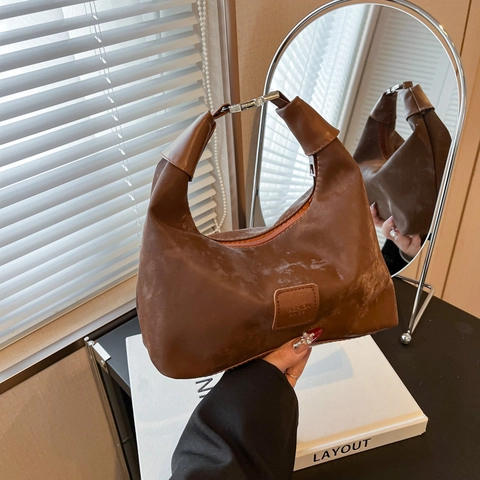 Bolso de Hombro Hobo de Media Luna de Estilo Francés Para Mujer Bolso de Mano de Cuero Sintético Retro Bolso Bandoulière Casual Color Sólido