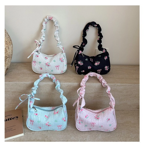Damen Unterarmtasche mit Blumenmuster und Schleife Süße Seersucker Stoff Schultertasche Frischer Stil Kleine Handtasche für Alltag