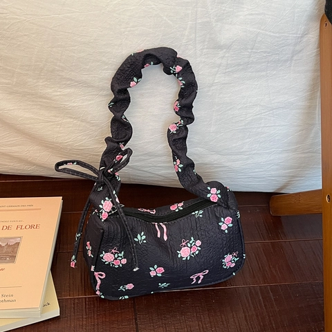 Damen Unterarmtasche mit Blumenmuster und Schleife Süße Seersucker Stoff Schultertasche Frischer Stil Kleine Handtasche für Alltag