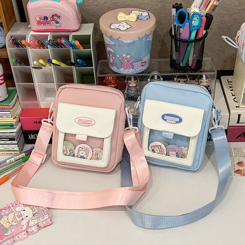 Japanischer Stil Süß Ita Bag Für Damen Kontrastfarbe Transparente Umhängetasche Mit Cartoon Abzeichen Nylon Lässige Messenger Bag