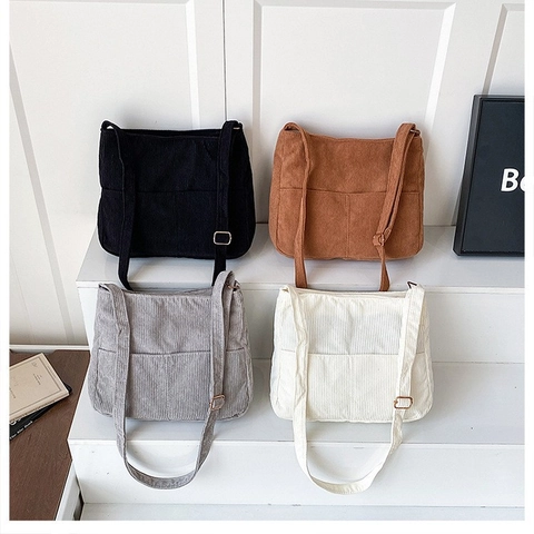 Borsa Tote da Donna in Velluto a Coste Grande Capacità Nuova Semplice Vintage a Righe Borsa a Tracolla Minimalista Pendolare