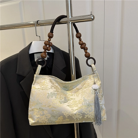 Nouveau Style Chinois Sac à Épaule en Brocart Jacquard pour Femmes Sac à Main Rétro Motif Paysage avec Poignée en Perles de Bois