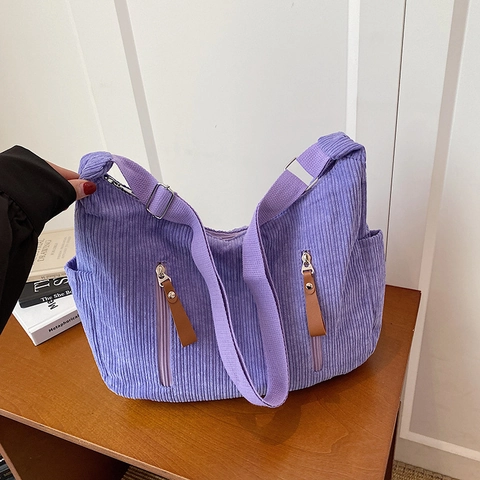 Borsa a Spalla in Velluto a Coste da Donna Grande Capacità Tinta Unita Hobo Bag Retro Casual Crossbody Bag Multi Tasca
