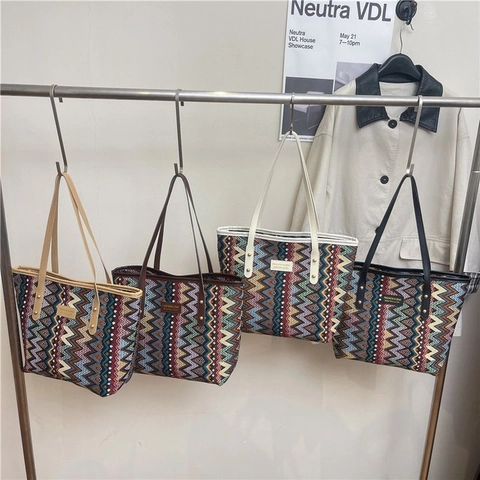 Bolso Tote Estilo Étnico Gran Capacidad para Mujer Patrón Zigzag Tejido Correa de Cuero Sintético Bolso de Hombro