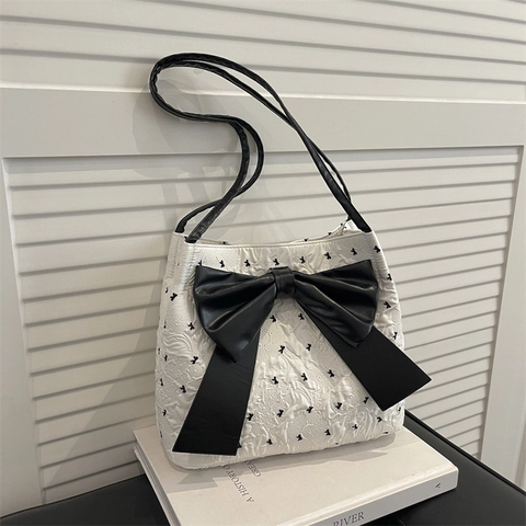 Borsa Tote Donna Grande Capacità con Fiocco in Pelle Sintetica Texture Seersucker Borsa a Spalla Stampa Pois Borsa da Pendolare