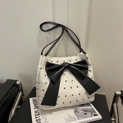 Borsa Tote Donna Grande Capacità con Fiocco in Pelle Sintetica Texture Seersucker Borsa a Spalla Stampa Pois Borsa da Pendolare