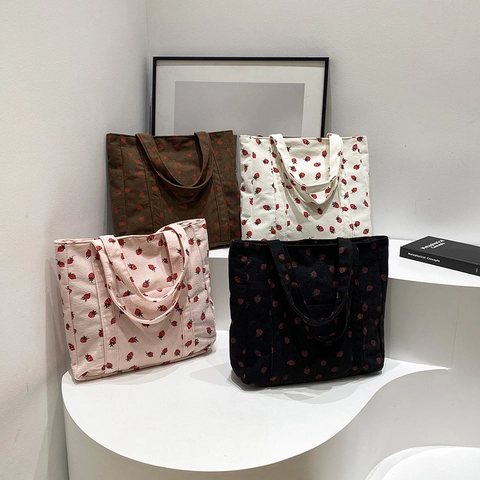 Dames Corduroy Aardbeienprint Grote Capaciteit Tote Tas Casual Mode Schoudertas Retro Shopping Handtas Nieuw