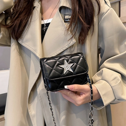 Women Quilted Rhombic Small Square Bag Fashion Rhinestone Star Mini Shoulder Crossbody Bag Metal Chain Elegant Purse