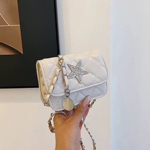 Women Quilted Rhombic Small Square Bag Fashion Rhinestone Star Mini Shoulder Crossbody Bag Metal Chain Elegant Purse
