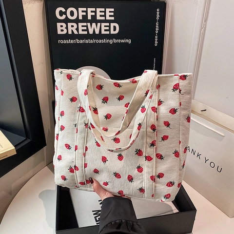 Dames Corduroy Aardbeienprint Grote Capaciteit Tote Tas Casual Mode Schoudertas Retro Shopping Handtas Nieuw