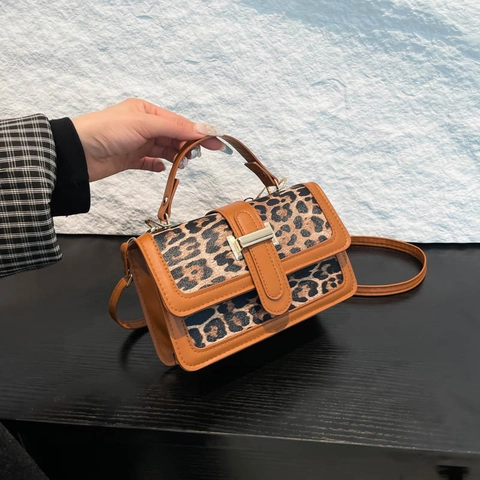 Vintage Leopardenmuster Kleine Quadratische Tasche Damen PU Leder Mode Umhängetasche Mit Metallschnalle Und Handgriff