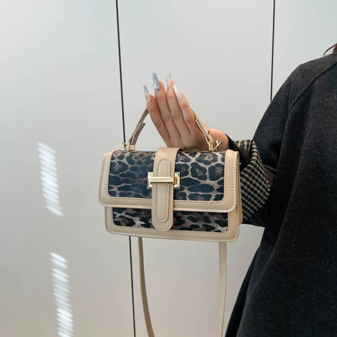 Vintage Leopardenmuster Kleine Quadratische Tasche Damen PU Leder Mode Umhängetasche Mit Metallschnalle Und Handgriff