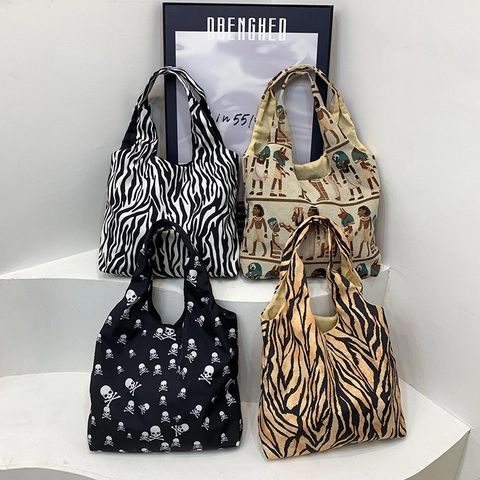 Borsa Tote in Tela Stampata da Donna di Grande Capacità Streetwear Animale Zebra Teschio Motivo Egiziano Borsa a Tracolla Casual