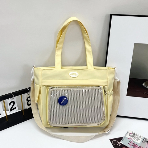 Preppy Style Contrast Color Messenger Bag Large Capacity Ita Bag Transparent Pocket Nylon Shoulder Bag For Women