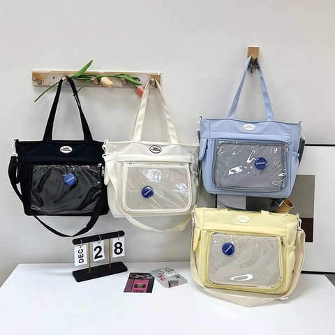 Preppy Style Contrast Color Messenger Bag Large Capacity Ita Bag Transparent Pocket Nylon Shoulder Bag For Women