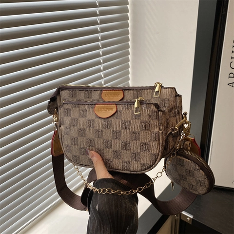 Sac Bandoulière Vintage 3-en-1 Monogramme Femme Cuir Synthétique Sacoche à Damiers Avec Chaîne en Métal Sac de Navette