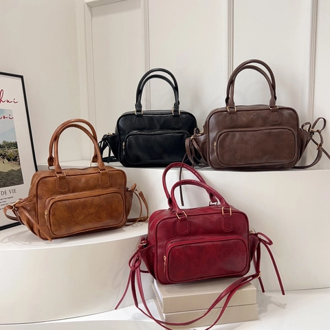Vintage PU-Leder Boston Tasche Für Damen Retro Casual Reise Handtasche Textur Pendeln Schultertasche Mit Schleifen-Kordelzug Dekoration