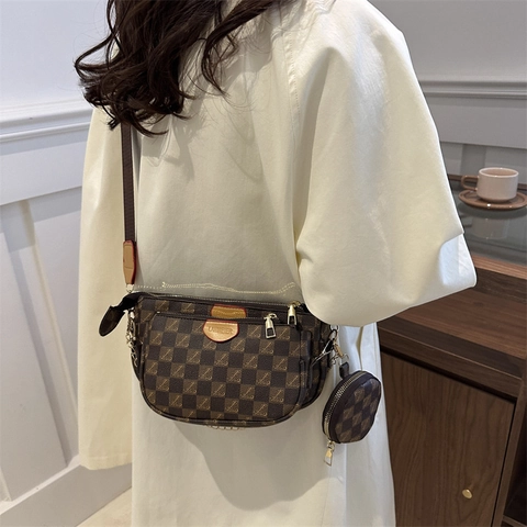 Sac Bandoulière Vintage 3-en-1 Monogramme Femme Cuir Synthétique Sacoche à Damiers Avec Chaîne en Métal Sac de Navette